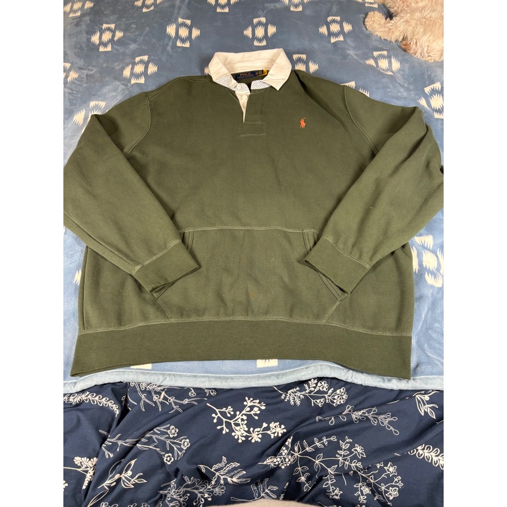 Polo Ralph Lauren Mens XXL Olive Green Rugby Sweatshirt Kangaroo Pocket Collared